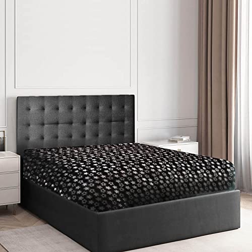 GC GAVENO CAVAILIA Teddy Fleece Star Foil Duvet Set, Super Soft Fluffy Cosy Warm Shiny Bedding & Bedsheet, 2 Piece Easy Care DuvetCover & Deep Elastic Band Bedlinen, Black, Double Fitted Sheet