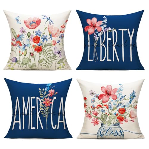 WOKANI Spring Outdoor Throw Pillow Covers 16x16 Set of 4 Garden Flowers Farmhouse Patio Decorative Cushion Covers Home Decor Couch for Sofa Bedroom Livingroom, DarkBlue