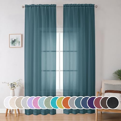 OWENIE Sheer Curtains 96 inches Long for Bedroom Living Room 2 Panels Set, Farmhouse Rod Pocket Light Filtering Voile Sheer Curtain, 42Wx96L inch, Dusty Blue