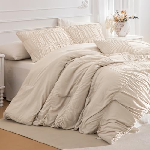 Lady Ann Oversized King 120 x 98 Bed Comforter Set- Wheat Ruched Boho Comforter Set for Bedroom, 3 Piece Fluffy Bedroom Set with Pillow Shams Ultra Soft All Season Bed Sets for Women Men