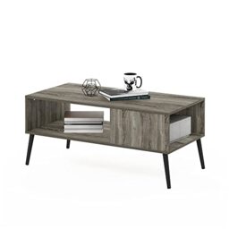 Furinno CLAUDE Coffee Table, 2-Tier Modern Coffee Table with Wooden-Legs, Side Table with Open Shelf, for Living Room, Bedroom, Home Office, French Oak Grey