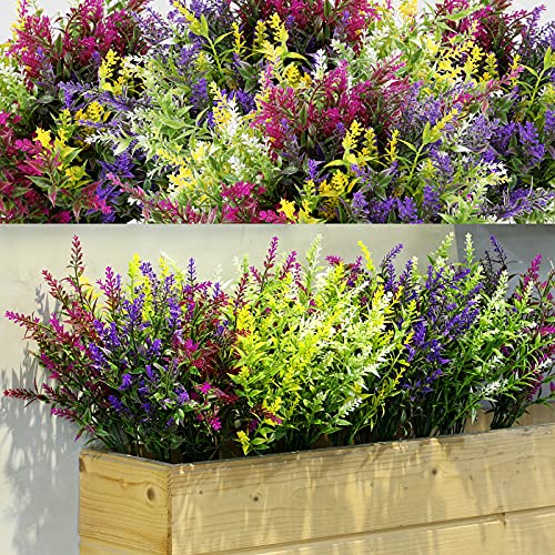 Xinnun 24 Bundles Outdoor Artificial Flowers Fake Lavender Plants UV Resistant Shrubs Greenery Plastic Faux Plants for Home Garden Patio Porch Courtyard Window Box Outdoor Indoor Decoration