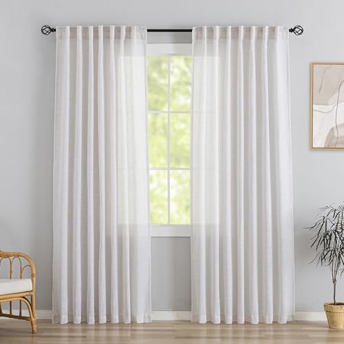 White with Linen Back Tab Curtains 84 Inches Long 2 Panels Set for Bedroom - Modern Farmhouse Hooks Belt Pleated Semi Privacy Drapes Shabby Chic Pocket Light Filtering Window Curtains W52 x L84