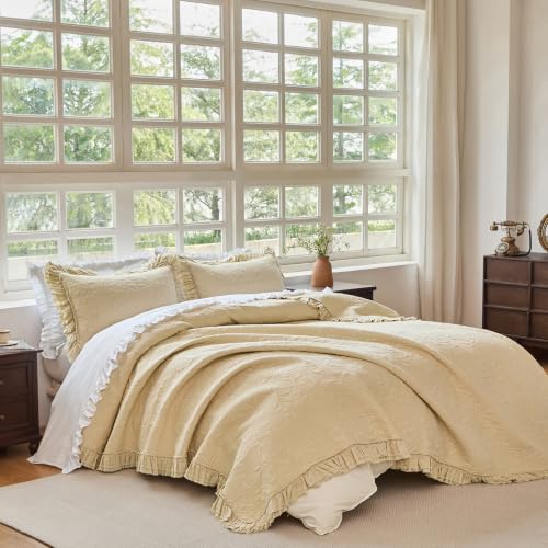 Brandream Luxury Cotton Quilt Set King Size Handcrafted Floral Vine Stitching Beige Ruffled Edge Bedspread Heirloom Quilt Bedding Set 3-Piece