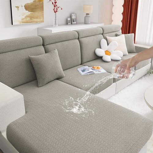 hyha Waterproof Couch Cushion Covers, Stretch Magic Sofa Covers Washable, Thick Jacquard Fabric, Waterproof Sofa Couch Covers for 3 Cushion Couch Sofa for Pets (Large, Taupe)