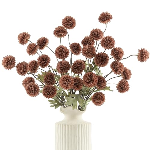DuHouse 6pcs Artificial Flowers Faux Silk Pompon Mum,Silk Small Mini Chrysanthemum Ball with Stems for DIY Bouquets Centerpieces Vase Home Table Kitchen Decorations(Mocha Brown)