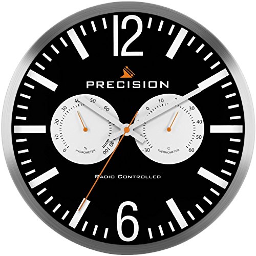 Precision Wall Clock with Temperature Control, Black/White/Silver