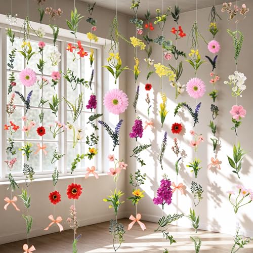 Livole 6Pcs 6Ft Hanging Flower Garland with Bow Wildflower Garlands Backdrop Silk Rose Fake Floral Vines with Hooks for Spring Party Wedding Birthday Anniversary Arch Wall Garden Decor