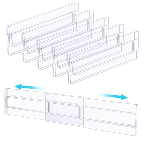 "ASelected 6Pcs Drawer Dividers 3.2"" High Expandable for 10.8-20.4"" Adjustable Drawer Organisers Clear Plastic Drawers Separators for Bedroom, Clothing, Kitchen Utensils, Bathroom and Office"