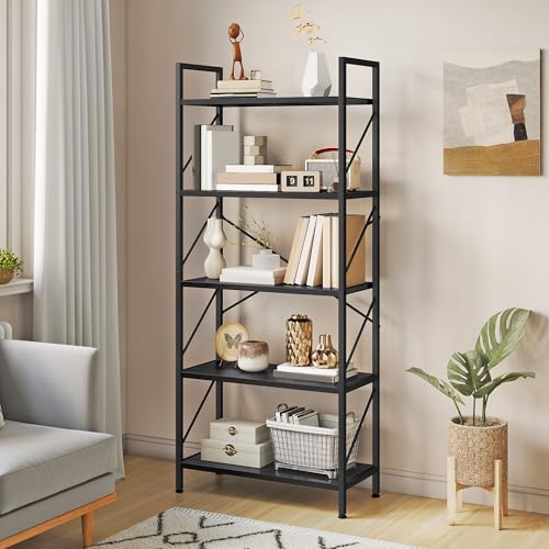YITAHOME Bookshelf, 5 Tiers Bookcase Tall Book shelf with Metal Frame, Industrial Display Storage Rack, Shelving Units for Living Room Bedroom Home Office Kitchen, Black Book Shelves