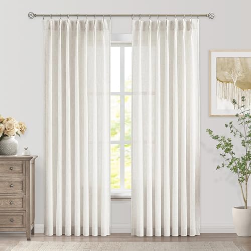 "WEST LAKE 102 Inches Long Natural Pinch Pleated Sheer Curtain Panels,Light Filtering with Privacy,Farmhouse Linen Textured Drapes,Neutral Back Tab Window Treatment with Hooks,40"" Wx102 Lx2"