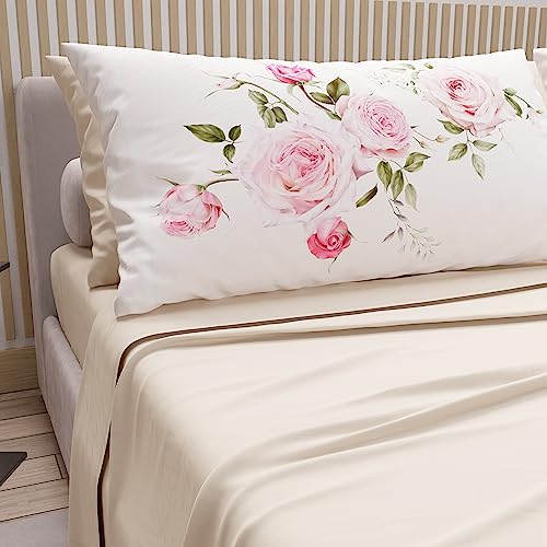 PETTI Artigiani Italiani - Cotton Sheets with Pillowcases in Digital Print, French Queen, Top and Bottom Sheet Set with Corners, Cream, 100% Made in Italy
