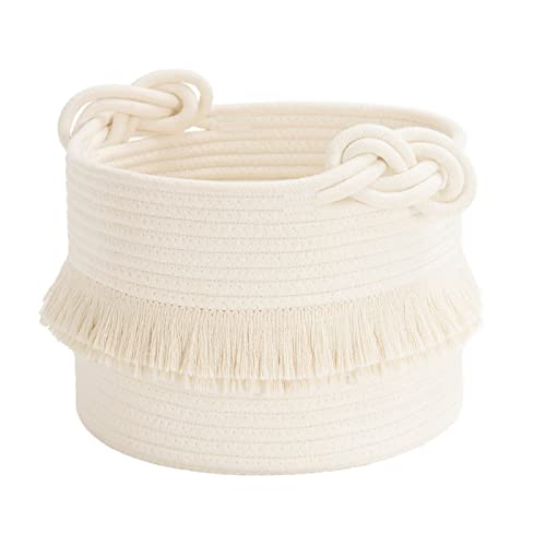 CherryNow Small Woven Storage Baskets Cotton Rope Decorative Hamper for Diaper, Blankets, Magazine and Keys, Cute Tassel Nursery Decor - Home Storage Container ??? 9.5'' x 7'' Off-white
