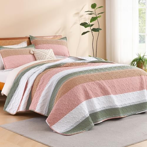 "Litanika King Size Quilt, 3 Pcs Pink and Green Stripe Bedding Set - Summer Bedspread with 2 Shams,Lightweight Coverlet for All Season (106""x96"")"