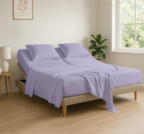 "Cottingon 4 Piece Flex Head King Sheet Set, Top 34 Inch Split Sheets for Sleep Number Adjustable Beds, Soft Breathable 100% Egyptian Cotton, Fits Upto 16"" Deep Mattress 78""X80""+ 34"", Lavender"