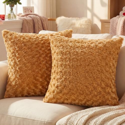 FUTEI Pack of 2 Solid Throw Pillow Covers 24x24 Inch Soft Rose Swirl Textured Decorative European Cushion Case Modern Farmhouse Accent Decor for Couch Bed Living Room, Brown