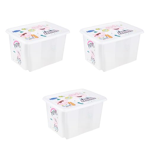 keeeper Karolina 3 x Peppa Pig Storage Box with Lid, Rotatable and Stackable, for Kids, 30 Litres, Transparent