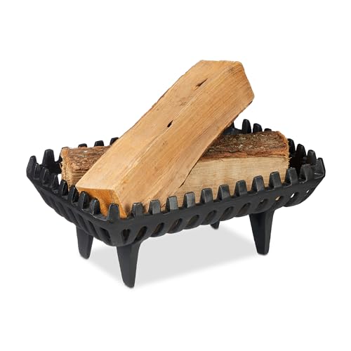 Relaxdays Fireplace Grate, Fire Trestle, HxWxD: 15 x 37 x 26 cm, Solid, Heavy, Cast Iron, Ash Pan with Feet, Iron, Black