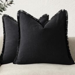 Foindtower Set of 2 Decorative Linen Cushion Covers with Fringe, Cosy Boho Cushion Covers with Tassels for the Sofa, Bed, Living Room, Home Decor, 56 x 56 cm, Black