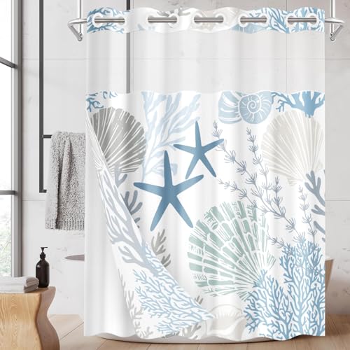 Nesphy No Hook Nautical Coastal Shower Curtain with Snap in Fabric Liner Set, Starfish Seashell Coral Beach Ocean Double Layers Waterproof Fabric with See Through Top Window Bath Curtain 71x74 Inch