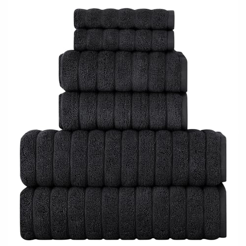 BERIBO Cloud 6 Piece Turkish Towel Set, 2x Bath, 2 Hand, 2 Face Towels, 620gsm, 100% Cotton (Black)