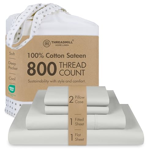 "Threadmill 800TC Cotton Full Sheet Set, Sateen, Solid, Light Grey, 4-Piece - 100% Cotton, Sateen Weave, 4-Piece Set, 16"" Deep Pocket, OEKO-TEX Certified, Machine Washable"