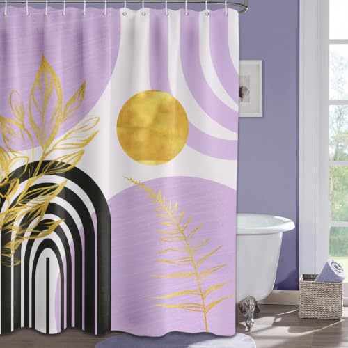 "QGHOT Boho Mid Century Modern Shower Curtain Black and Purple Shower Curtains for Bathroom Decor Lavender Light Purple and Gold Leaves Bath Curtain Set, Waterproof Fabric with Hooks, 70"" W x 96"" L"