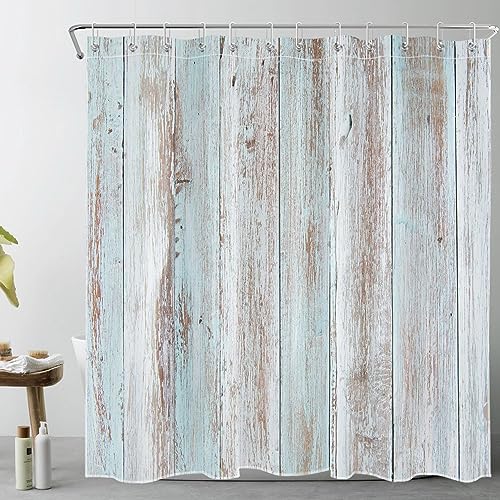 EOBTAIN Teal Rustic Farmhouse Shower Curtain for Bathroom Vintage Vertical Wooden Plank Shower Curtain with 12 Hooks Country Style Barn Wood Bathroom Curtains Shower Set 72x72 Inch