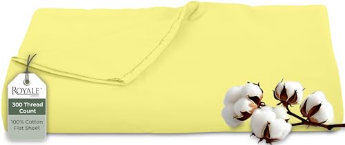 Royale Linens 300 Thread Count 100% Long Staple Combed Cotton Flat Sheet - Super Soft - Top Sheets - Full Flat Sheet Sold Separately - Breathable, Cool & Crisp Percale Sheets Only (Twin XL, Yellow)
