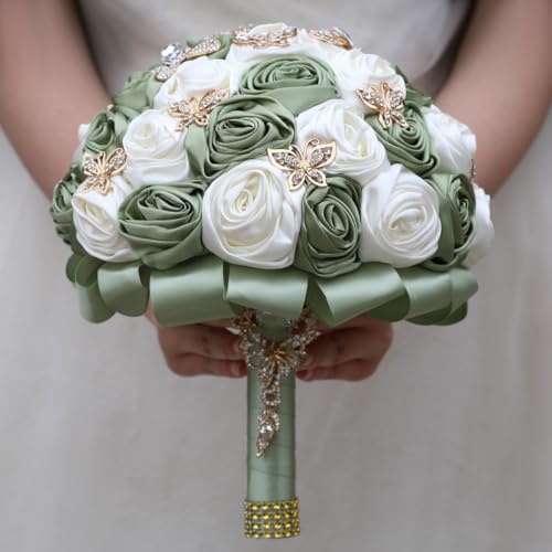 "Mhojpik Handmade Wedding Flowers Bouquet Round Holding Bridal Bouquet Toss Artificial Rose Bunch for Bride Bridesmaid Wedding Quinceanera (Sage Green & Ivory, 7.5"")"