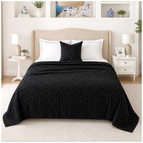 GC GAVENO CAVAILIA Fleece Throw Blanket Thick Soft Faux Fur Throw, Black - Thick Warm Lightweight Smooth Greek Border Fluffy Blanket - Polyester Bed Throw King Size For Sofa Couch Armchairs, 200x240cm