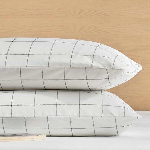 JELLYMONI Cotton Plaid Pillowcases Set of 2, White, King - Soft breathable feel, Envelope closure, 400TC cotton, Machine washable, Gentle on skin