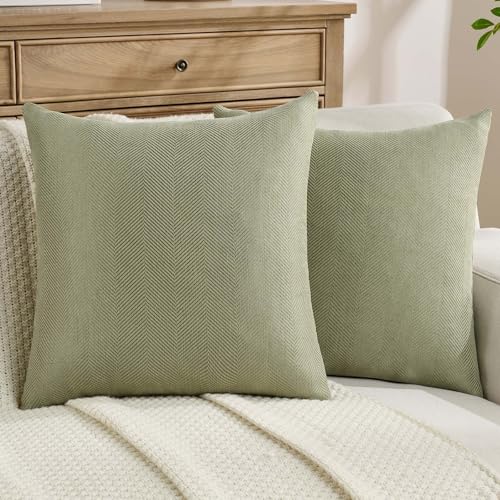 FUTEI Pack of 2 Chenille Throw Pillow Covers 20x20 Inch, Sage Green - Elegant Herringbone Textured Design,Side Hidden Zipper,Machine Washable,Pill-Resistant,Colorfast,Insert Not Included.