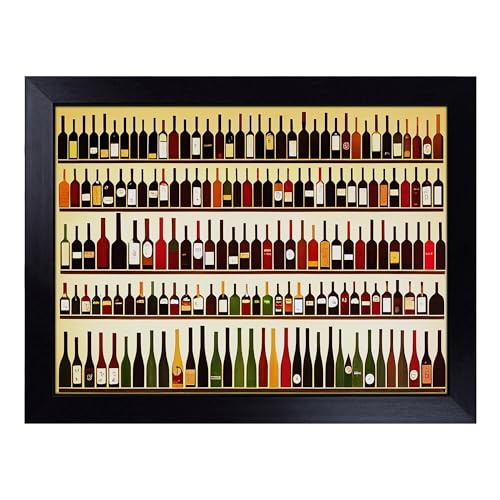 Lap Tray with Bean Bag Cushion, Wine Bottle Art Retro - Handmade in the UK, Raised Wooden Edge, Padded Cushion, Heat-Resistant Wipe-Clean Surface, for Meals, Laptops and Crafts