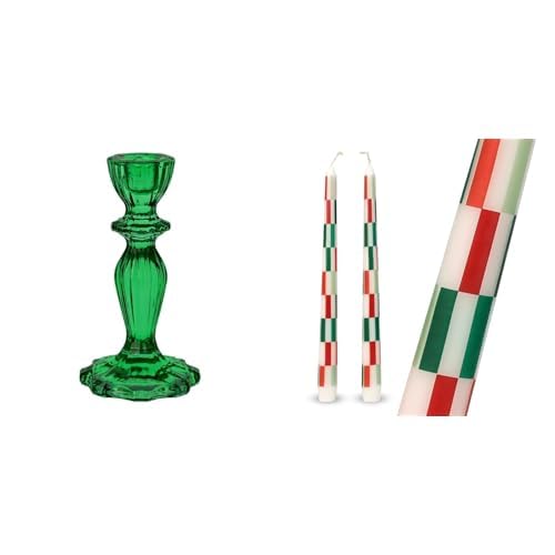 Dark Green Jeweled Holder & Red Green Checked Tapered Candles Christmas Bundle