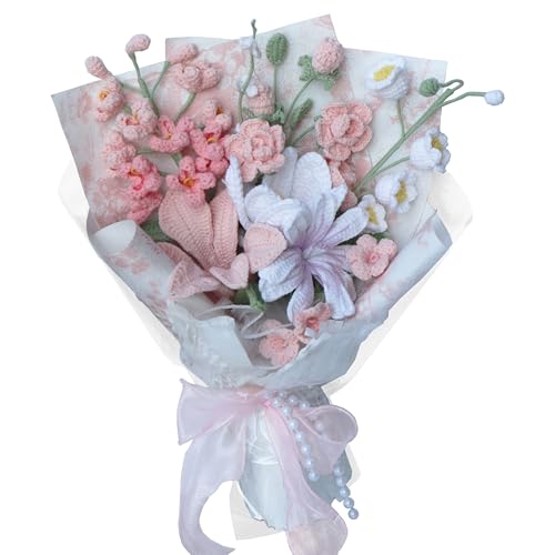 Cayiibe Tulip Crape Myrtle Peruvian Lily Pink White Crochet Flowers Bouquet Handmade Knitted Artificial Flowers Home Decor