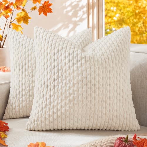 Kevin Textile Pillow Covers Decorative Set of 2 Striped Corduroy Plush Velvet Pillowcases Cushion Cover for Couch, 18x18 inch, Cream