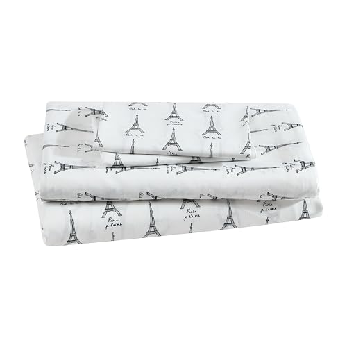 "Beatrice Home Fashions Printed Microfiber Sheet Set, Soft Comfortable Easy Care, Includes 1 Fitted Sheet with 12"" Deep Pockets, 1 Flat Sheet, Pillowcase, Queen, White Paris"