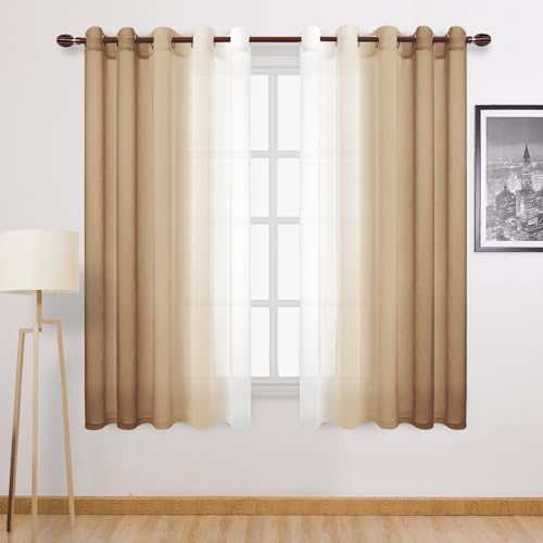 DWCN Ombre Faux Linen Sheer Curtains - Extra Wide Gradient Semi Voile Light Filtering Grommet Top Bedroom and Living Room Curtains, 60 x 63 Inches Long, Set of 2 Window Curtain Panels, Taupe