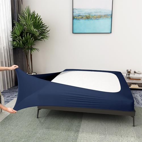 Box Spring Cover - Jersey Knit 4 Way Stretch Wrap Around Bed Skirt Hotel and Home (Queen/California Queen, Navy Blue)