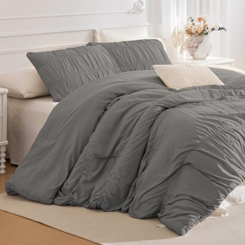Lady Ann Gray Ruched Comforters Oversized King Size 128x120 Bedding Comforter Sets for Bedroom, 3 Piece Fluffy Boho Bedroom Set with Pillow Shams Soft All Season Bed Sets