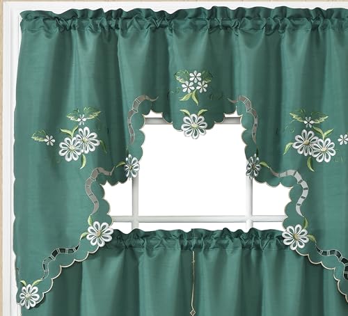 GOHD Cutwork Floral. Kitchen Curtain Set. Swag Valance and Tier Set. Nice Embroidery on Faux Silk Fabric with cutworks. (Teal Green)