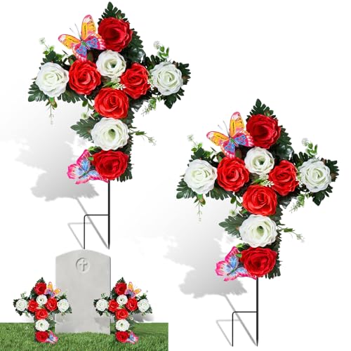 Luinabio 2 Pcs Valentines Day Artificial Cemetery Flowers for Grave Cross Memorial Flowers with Ground Spike Artificial Butterfly Rose Outdoor Spring Bouquets for Headstone Graveside Decorations