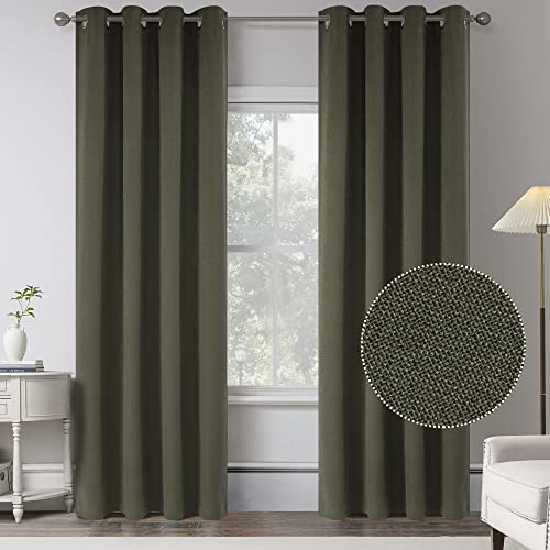 108 Inches Long Olive Green Textured Linen 100% Blackout Curtains for Villa Bedroom - 2 Panels Burlap Thermal Insulated Curtain Drapes for Patio Door/Large Window 9FT Tall (W 52 x L 108 Inch)