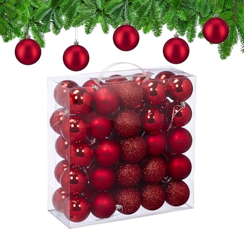 Relaxdays Christmas Baubles, Set of 50, Tree Ornaments, Holiday Decorations, Plastic, Shatterproof, 6 cm, Red