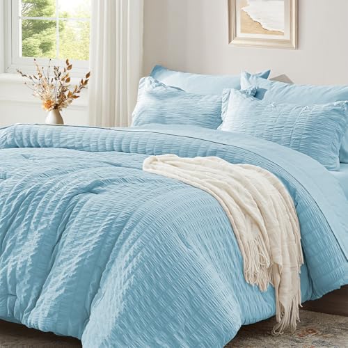 Zzlpp 7 Piece Light Blue Seersucker Comforter Set with Comforter & Sheets, All Season with 1 Comforter, 2 Pillowcases, 2 Pillowcases, 1 Flat Sheet, 1 Fitted Sheet