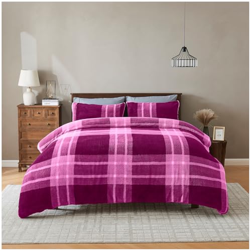GC GAVENO CAVAILIA Teddy Fleece Duvet Set - Fluffy Check Duvet Cover with Pillowcase - Thermal Bedding Single Quilt Cover - Warm, Breathable & Hypoallergenic Bed Cover Set - (135x200 cm), Mulberry