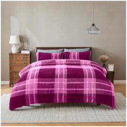 GC GAVENO CAVAILIA Teddy Fleece Duvet Set - Fluffy Check Duvet Cover with Pillowcase - Thermal Bedding Single Quilt Cover - Warm, Breathable & Hypoallergenic Bed Cover Set - (135x200 cm), Mulberry