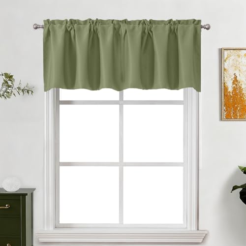 "Lecloud Sage Green Valance for Windows 18 Inch Length, Privacy Thermal Room Darkening Curtains, Short Modern Drapes Rod Pockets for Kitchen Basement Laundry Room Bedroom, 60"" W x 18"" L 1 Panel"