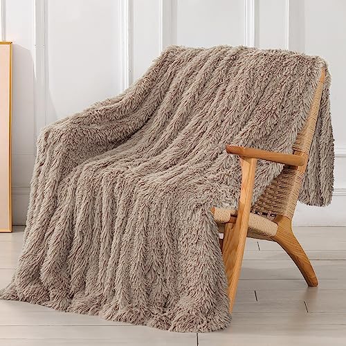 "Tuddrom Decorative Extra Soft Faux Fur Throw Blanket 70""x78"",Solid Reversible Fuzzy Lightweight Long Hair Shaggy Blanket,Fluffy Cozy Plush Fleece Comfy Microfiber Blanket for Couch Sofa Bed,Khaki"